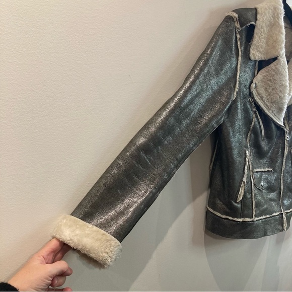 DENIM & SUPPLY Sz M Metallic Sherpa Lined Moto Style  Zipper Snap Closure Jacket - Picture 6 of 13